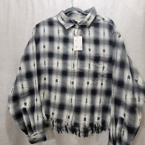 NWT $79 Lucky Brand Raw Edge Plaid Cropped Western Button-Down Cotton Flannel XL